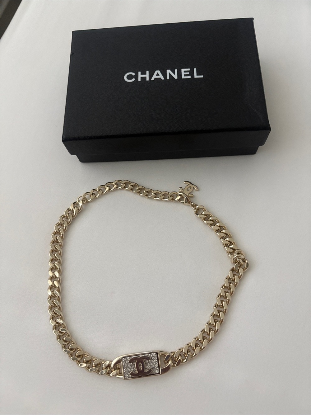 Gold-Tone Link Necklace with CC Plaque